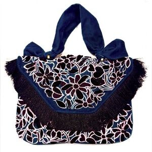 Anthropologie Black Green Floral Velvet Beaded Gold Hardware Boho Handbag NWT